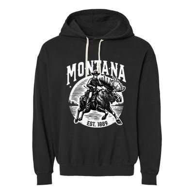 Montana Est. 1889 Cowboy Riding Moose Garment-Dyed Fleece Hoodie