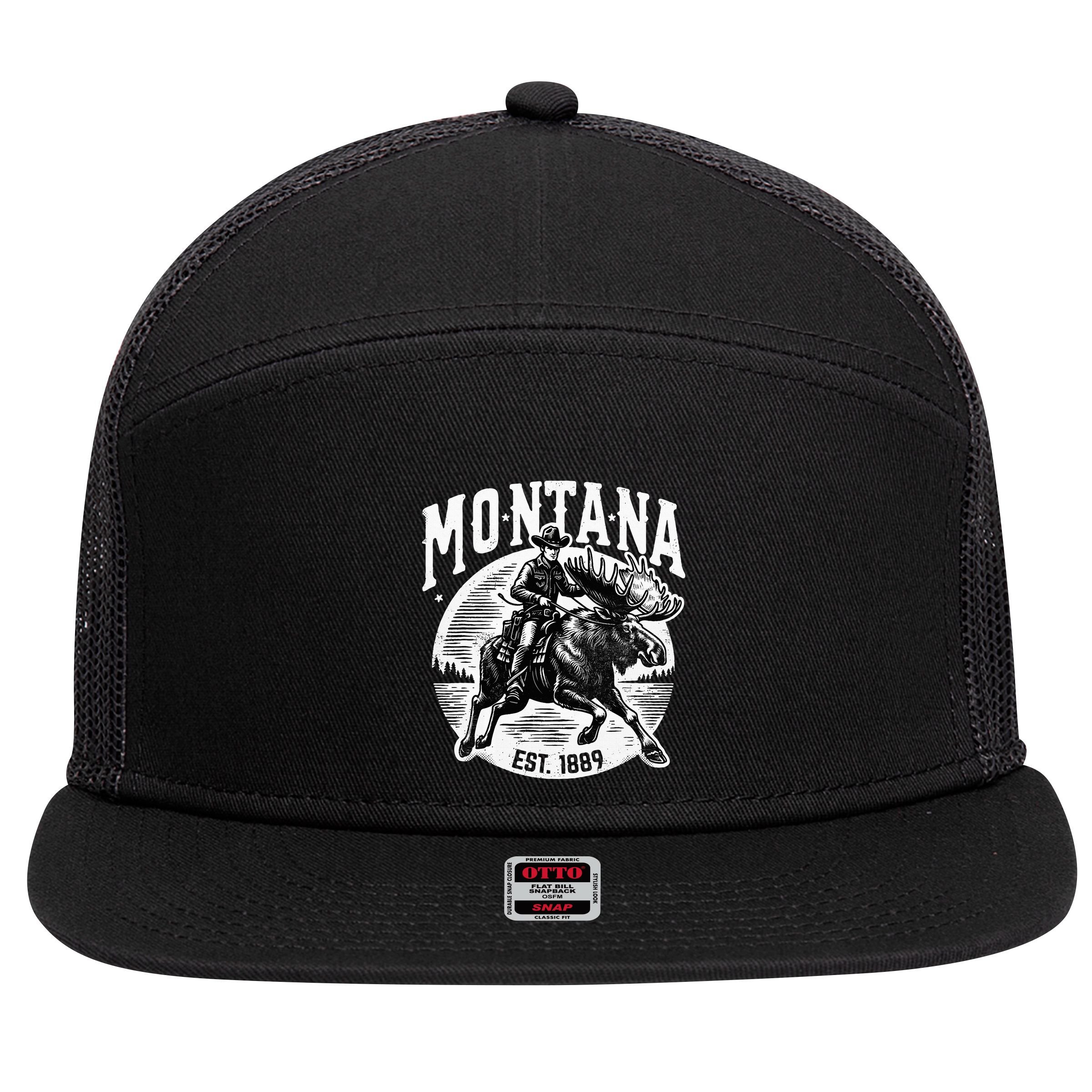 Montana Est. 1889 Cowboy Riding Moose 7 Panel Mesh Trucker Snapback Hat