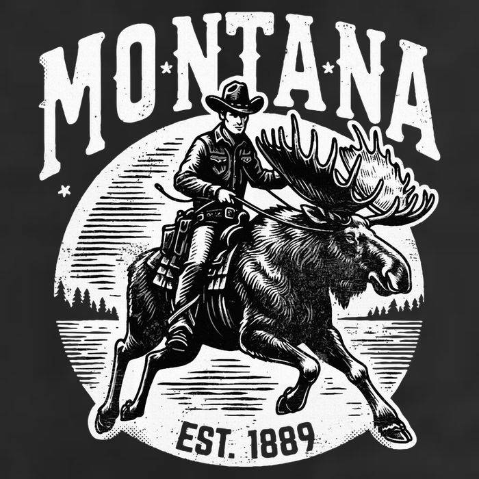 Montana Est. 1889 Cowboy Riding Moose 7 Panel Mesh Trucker Snapback Hat