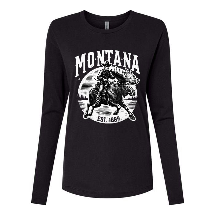 Montana Est. 1889 Cowboy Riding Moose Womens Cotton Relaxed Long Sleeve T-Shirt