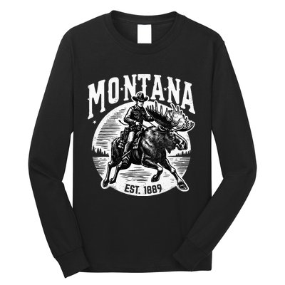 Montana Est. 1889 Cowboy Riding Moose Long Sleeve Shirt