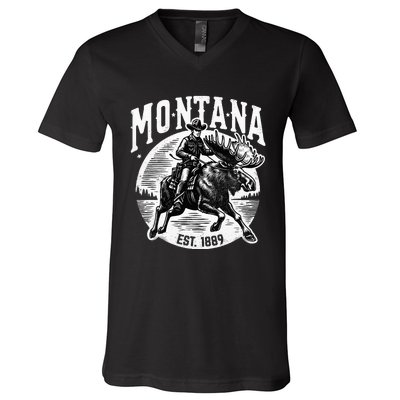 Montana Est. 1889 Cowboy Riding Moose V-Neck T-Shirt