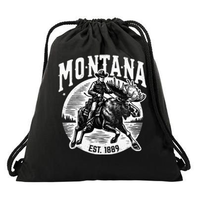 Montana Est. 1889 Cowboy Riding Moose Drawstring Bag