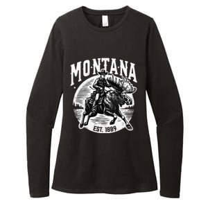 Montana Est. 1889 Cowboy Riding Moose Womens CVC Long Sleeve Shirt