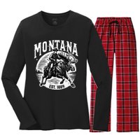 Montana Est. 1889 Cowboy Riding Moose Women's Long Sleeve Flannel Pajama Set 