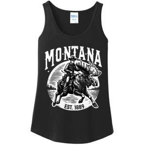 Montana Est. 1889 Cowboy Riding Moose Ladies Essential Tank