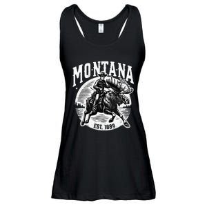 Montana Est. 1889 Cowboy Riding Moose Ladies Essential Flowy Tank