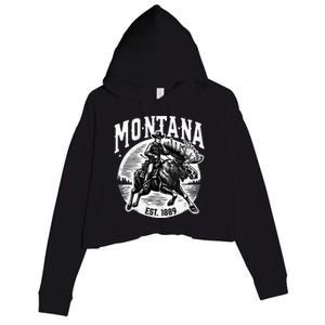 Montana Est. 1889 Cowboy Riding Moose Crop Fleece Hoodie