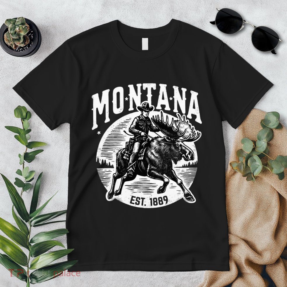 Montana Est. 1889 Cowboy Riding Moose Premium T-Shirt