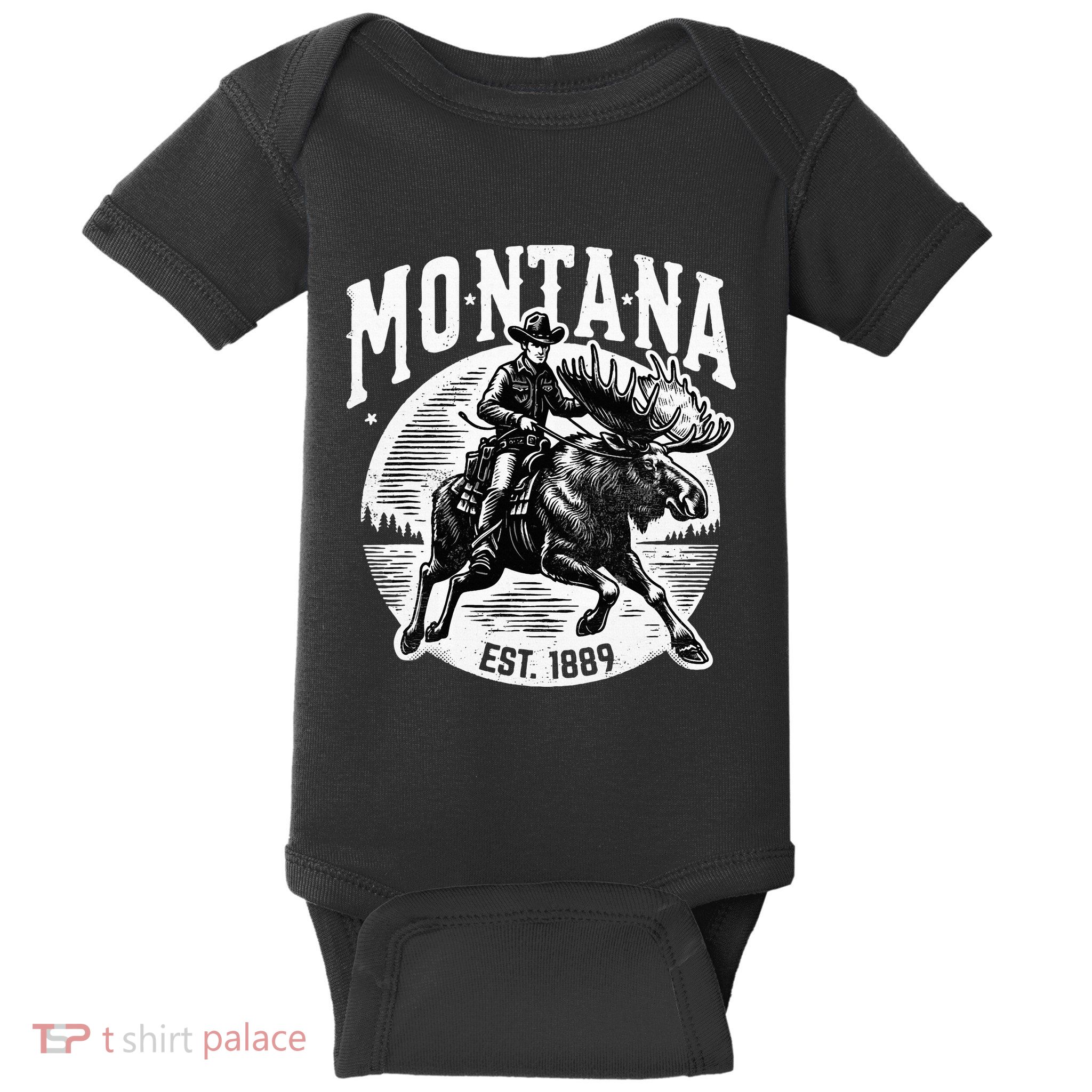 Montana Est. 1889 Cowboy Riding Moose Baby Bodysuit