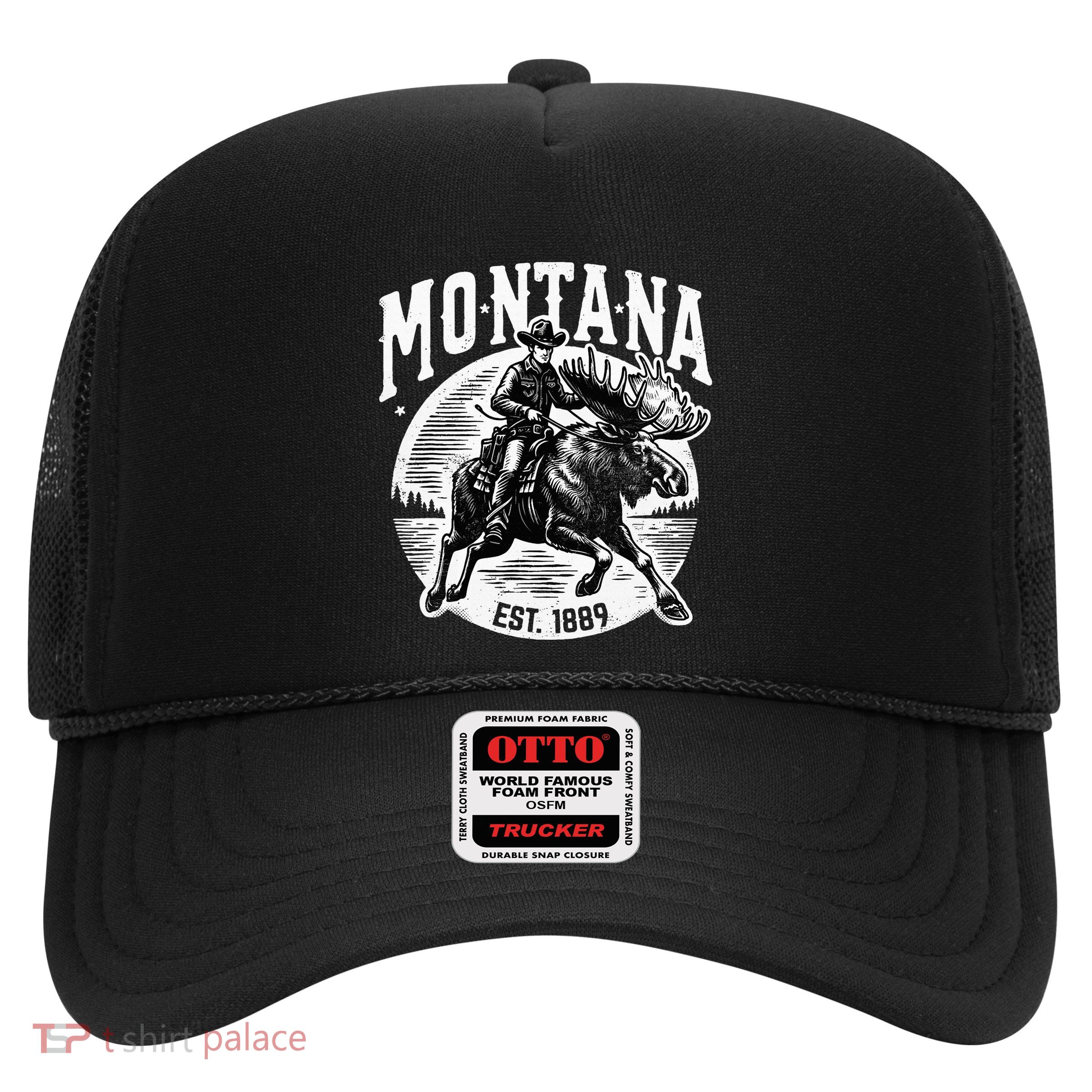 Montana Est. 1889 Cowboy Riding Moose Trucker Hat
