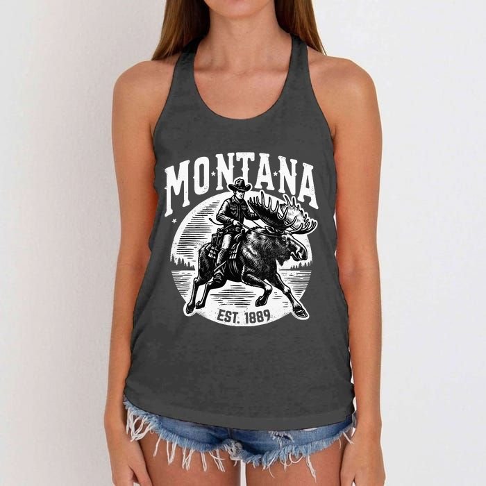 Montana Est. 1889 Cowboy Riding Moose Women's Knotted Racerback Tank