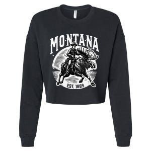 Montana Est. 1889 Cowboy Riding Moose Cropped Pullover Crew