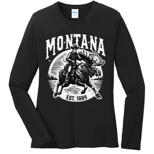 Montana Est. 1889 Cowboy Riding Moose Ladies Long Sleeve Shirt