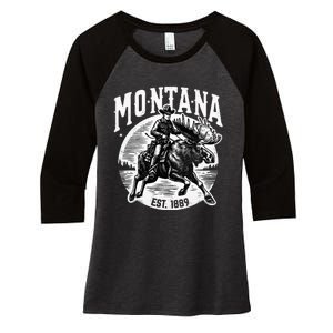 Montana Est. 1889 Cowboy Riding Moose Women's Tri-Blend 3/4-Sleeve Raglan Shirt