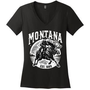 Montana Est. 1889 Cowboy Riding Moose Women's V-Neck T-Shirt