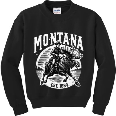 Montana Est. 1889 Cowboy Riding Moose Kids Sweatshirt
