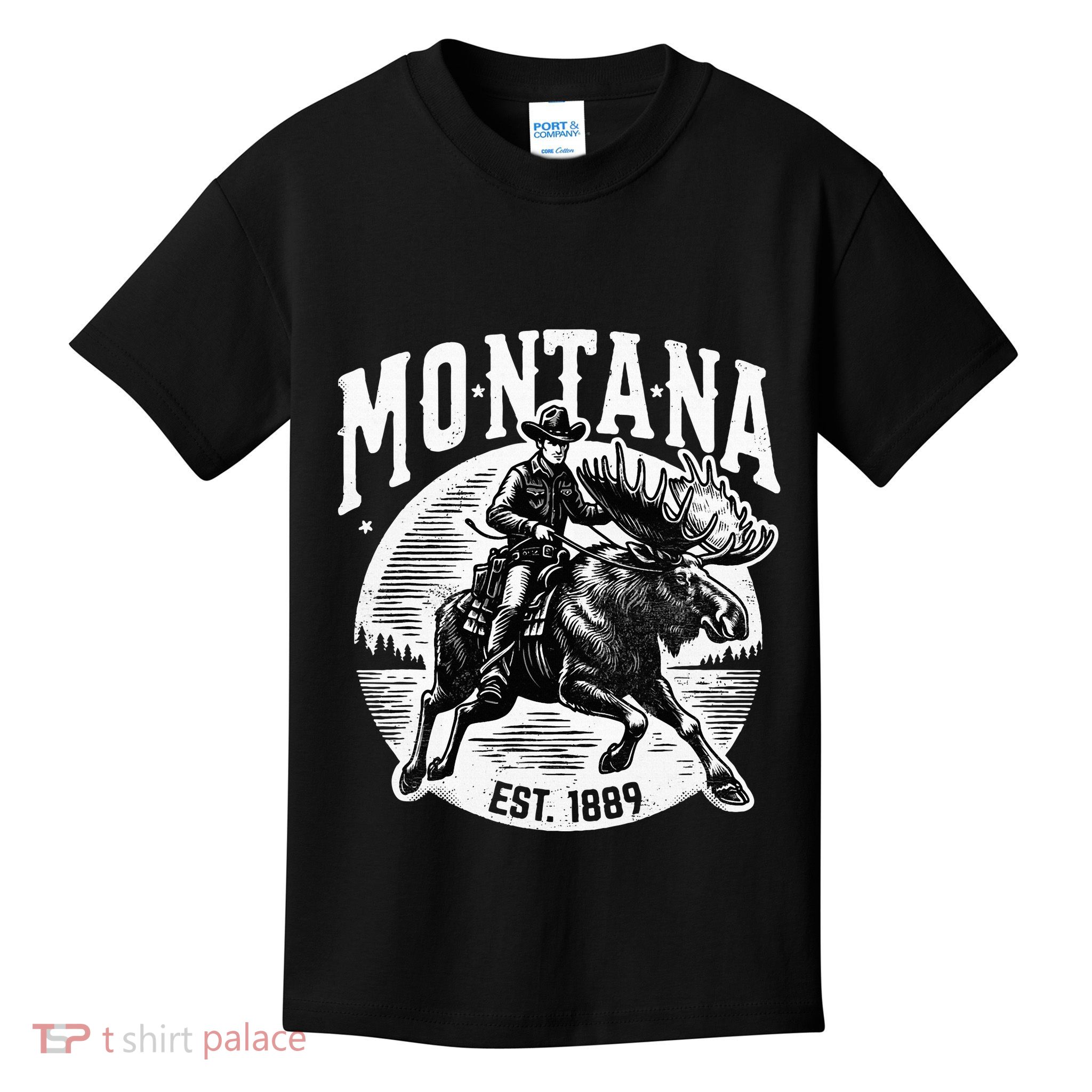 Montana Est. 1889 Cowboy Riding Moose Kids T-Shirt