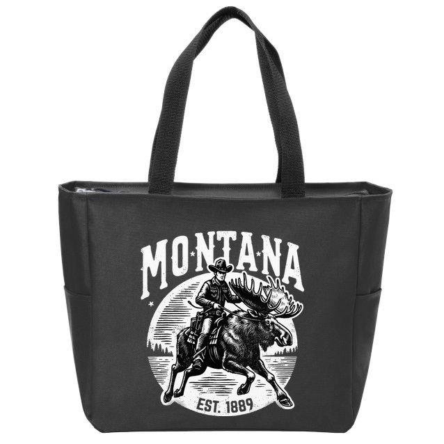Montana Est. 1889 Cowboy Riding Moose Zip Tote Bag