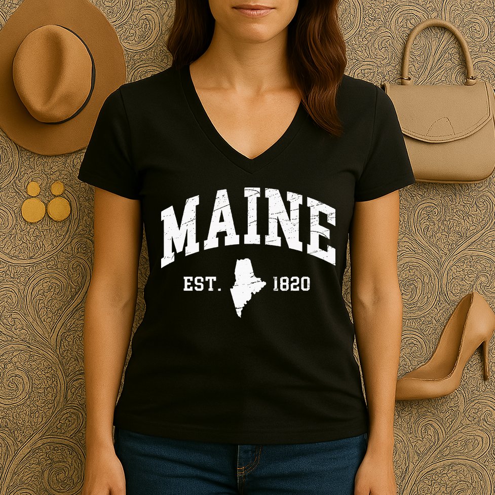 Maine Est. 1820 Distressed Worn Design Classic Women's V-Neck T-Shirt