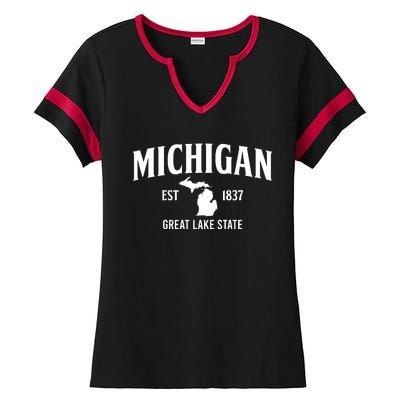 Michigan Est 1837 Great Lake State MI Pride USA Ladies Halftime Notch Neck Tee