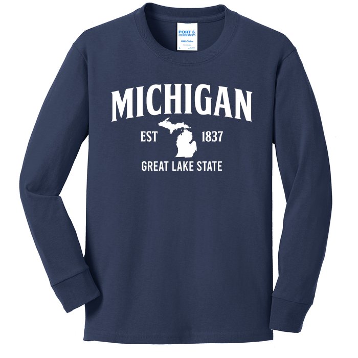 Michigan Est 1837 Great Lake State MI Pride USA Kids Long Sleeve Shirt