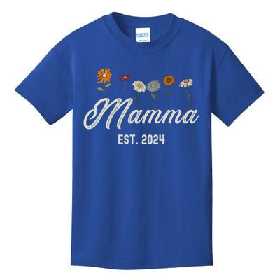 Mamma Est 2024 Floral Mothers Day New Parents Pregnancy Gift Kids T-Shirt