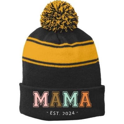 Mama Est 2024 MotherS Day Celebration Stripe Pom Pom Beanie