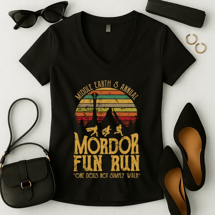 Middle EarthS Annual Mordor Fun Run One Does Not Simply Walk Into Mordor Women's V-Neck T-Shirt