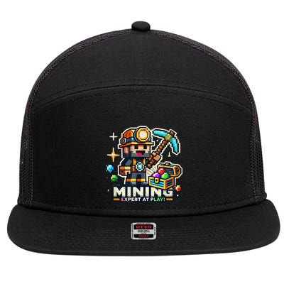 Mining Expert At Play! Pixelated Miner 7 Panel Mesh Trucker Snapback Hat
