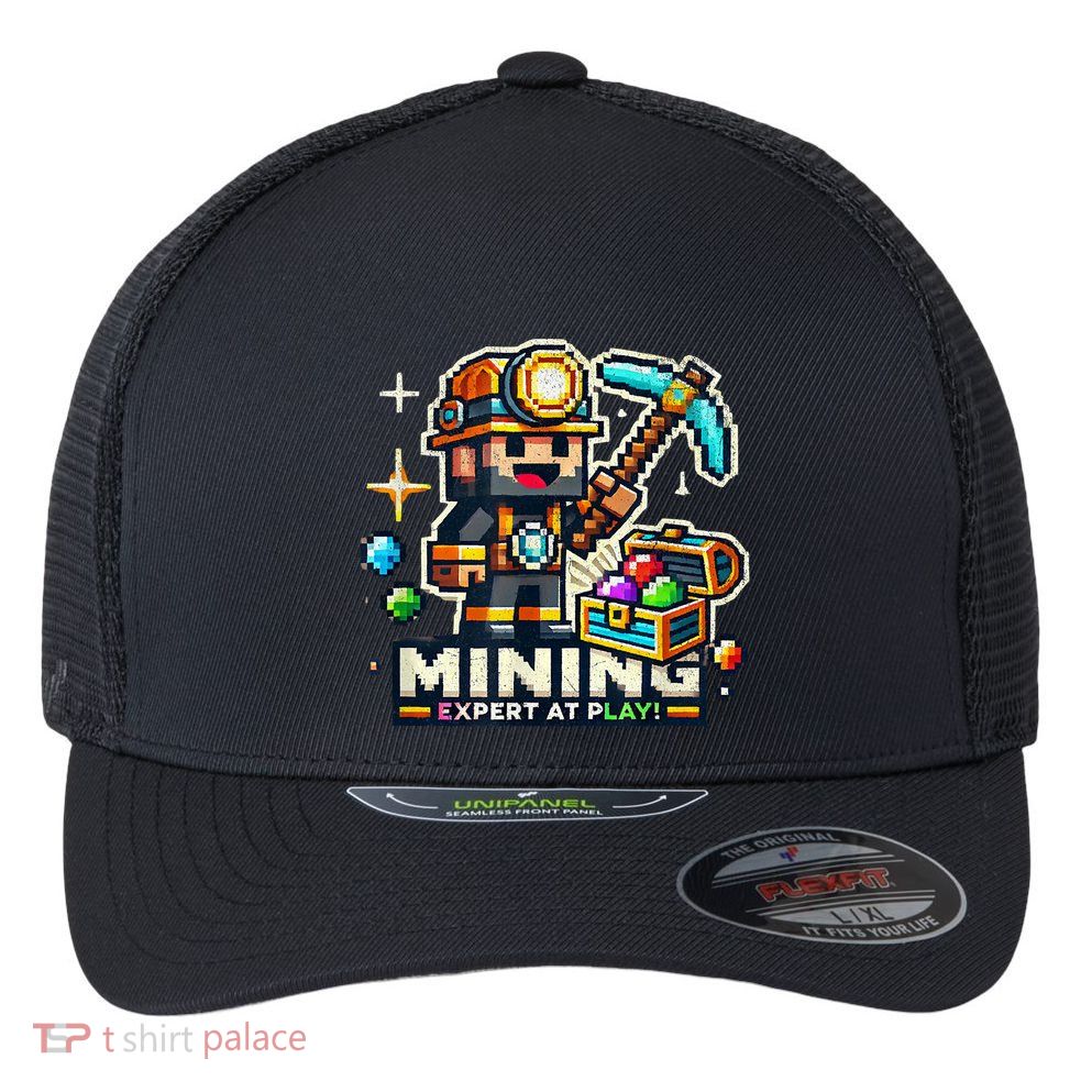 Mining Expert At Play! Pixelated Miner Flexfit Unipanel Trucker Cap