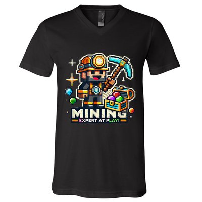 Mining Expert At Play! Pixelated Miner V-Neck T-Shirt