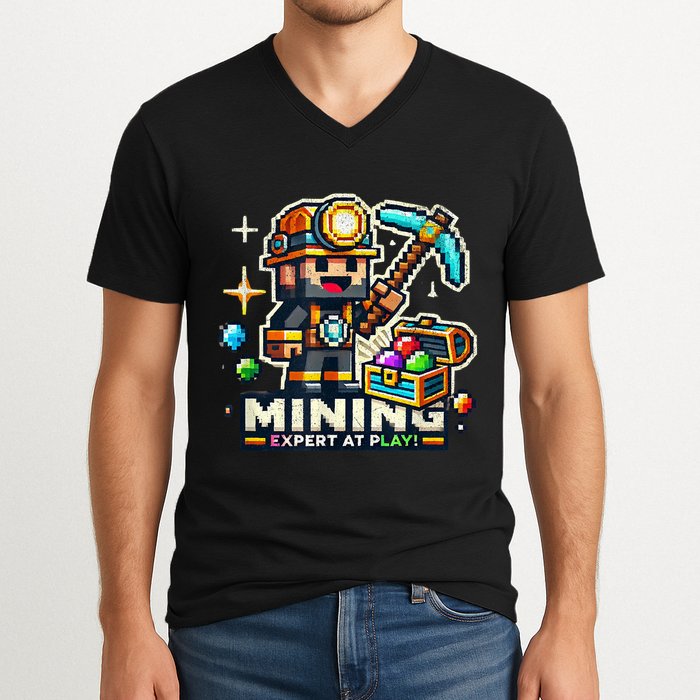 Mining Expert At Play! Pixelated Miner V-Neck T-Shirt