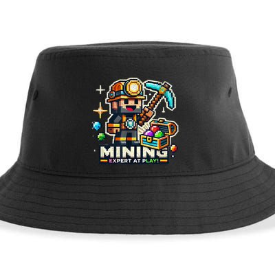 Mining Expert At Play! Pixelated Miner Sustainable Bucket Hat