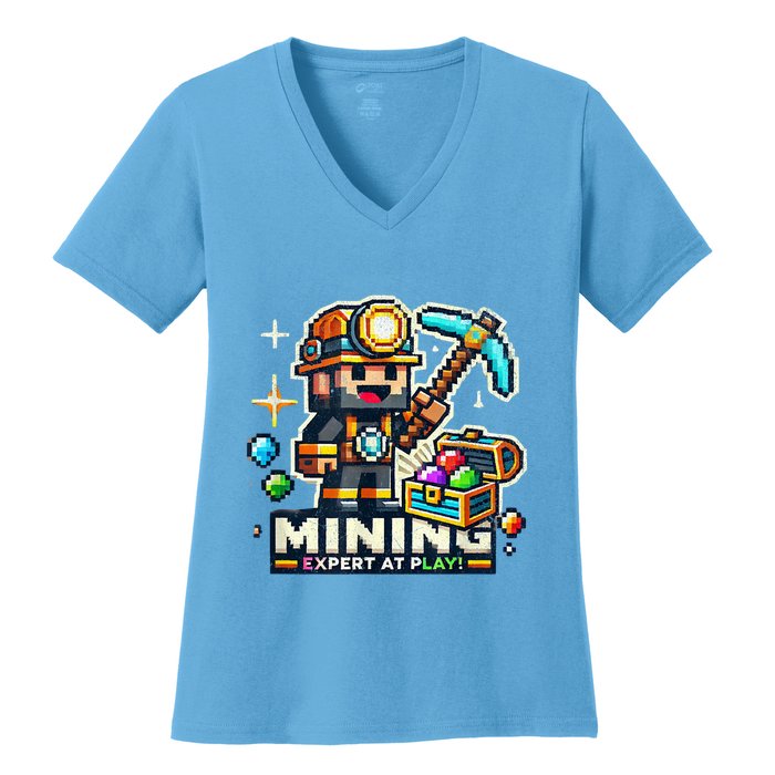 Mining Expert At Play! Pixelated Miner Women's V-Neck T-Shirt