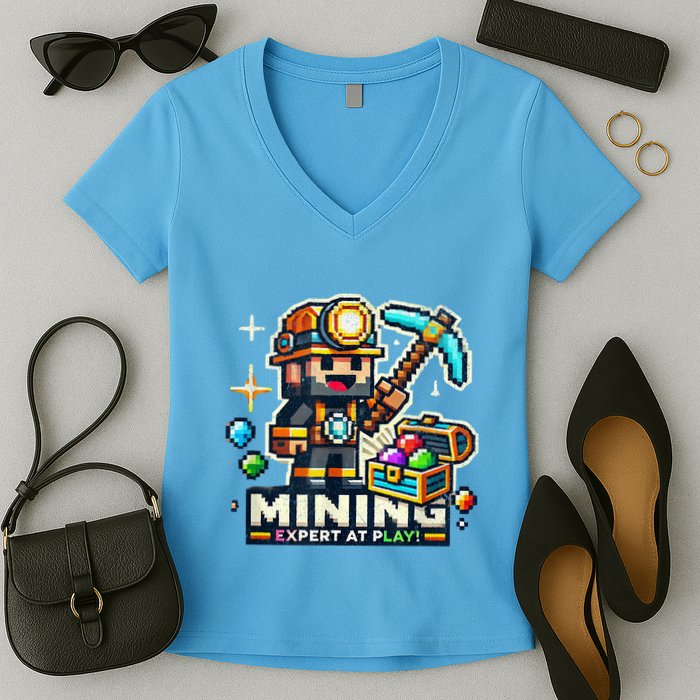 Mining Expert At Play! Pixelated Miner Women's V-Neck T-Shirt