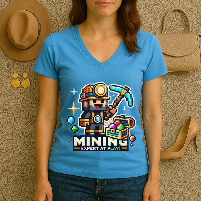 Mining Expert At Play! Pixelated Miner Women's V-Neck T-Shirt