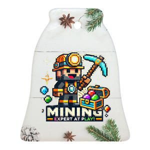 Mining Expert At Play! Pixelated Miner Ceramic Bell Ornament