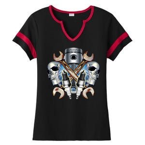 Mechanic Skulls With Wrench & Spark Plugs Ladies Halftime Notch Neck Tee