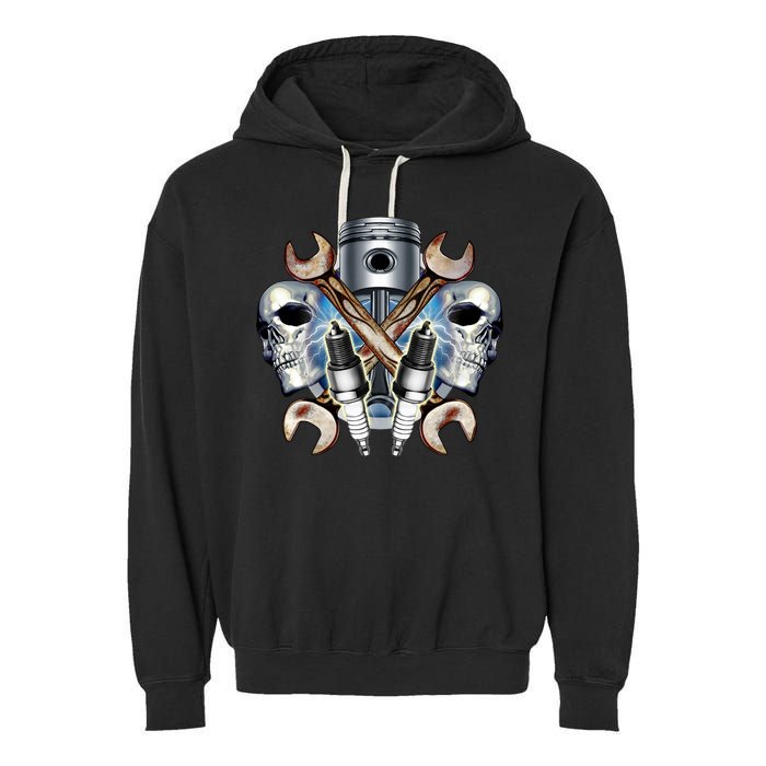 Mechanic Skulls With Wrench & Spark Plugs Garment-Dyed Fleece Hoodie