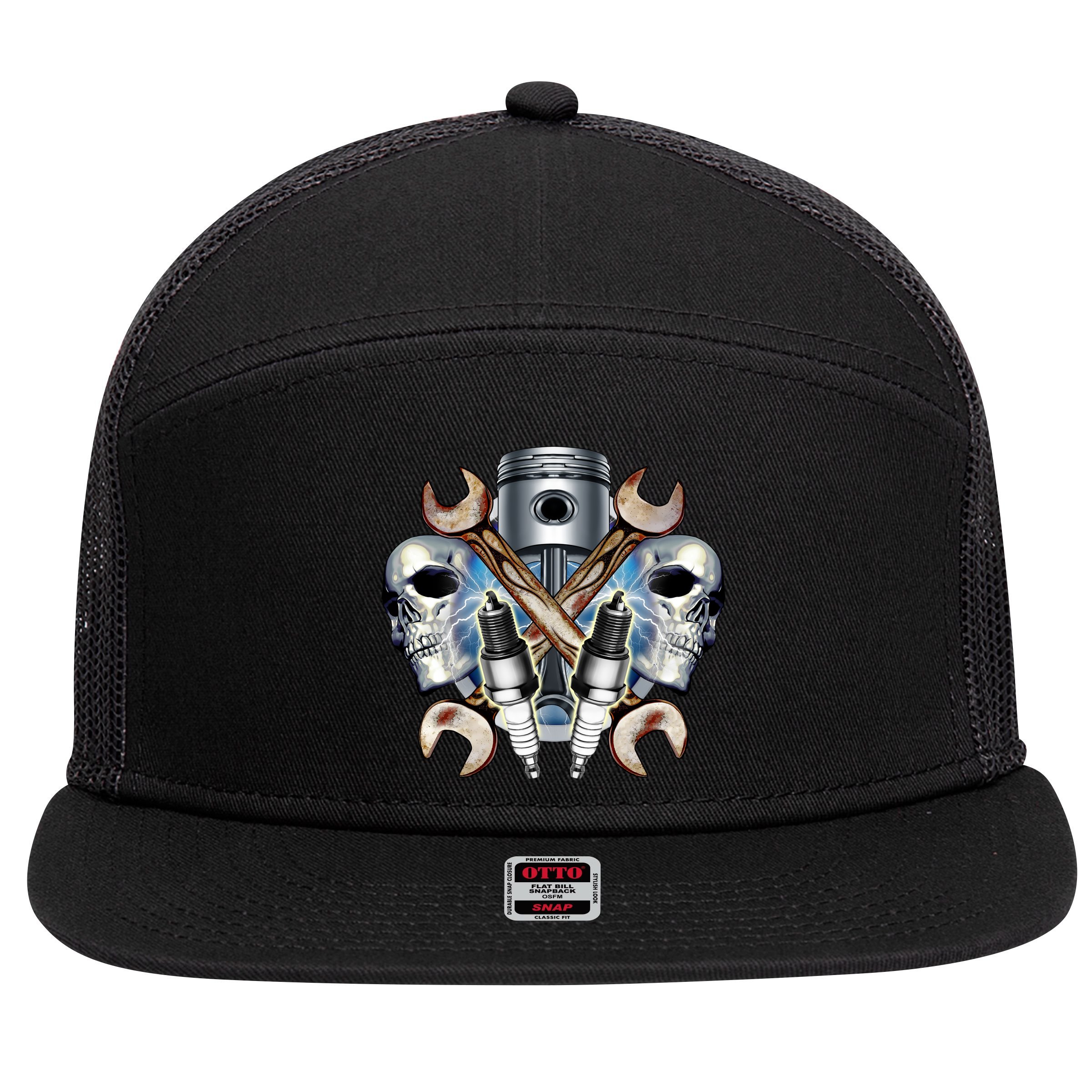Mechanic Skulls With Wrench & Spark Plugs 7 Panel Mesh Trucker Snapback Hat