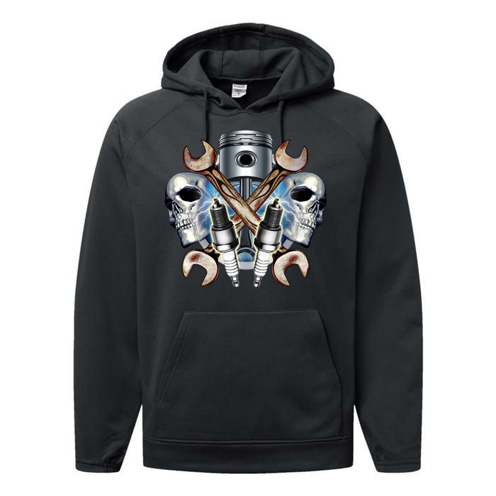 Mechanic Skulls With Wrench & Spark Plugs Performance Fleece Hoodie