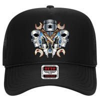 Mechanic Skulls With Wrench & Spark Plugs High Crown Mesh Back Trucker Hat