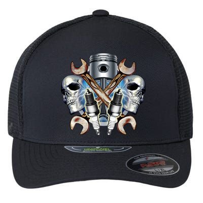 Mechanic Skulls With Wrench & Spark Plugs Flexfit Unipanel Trucker Cap