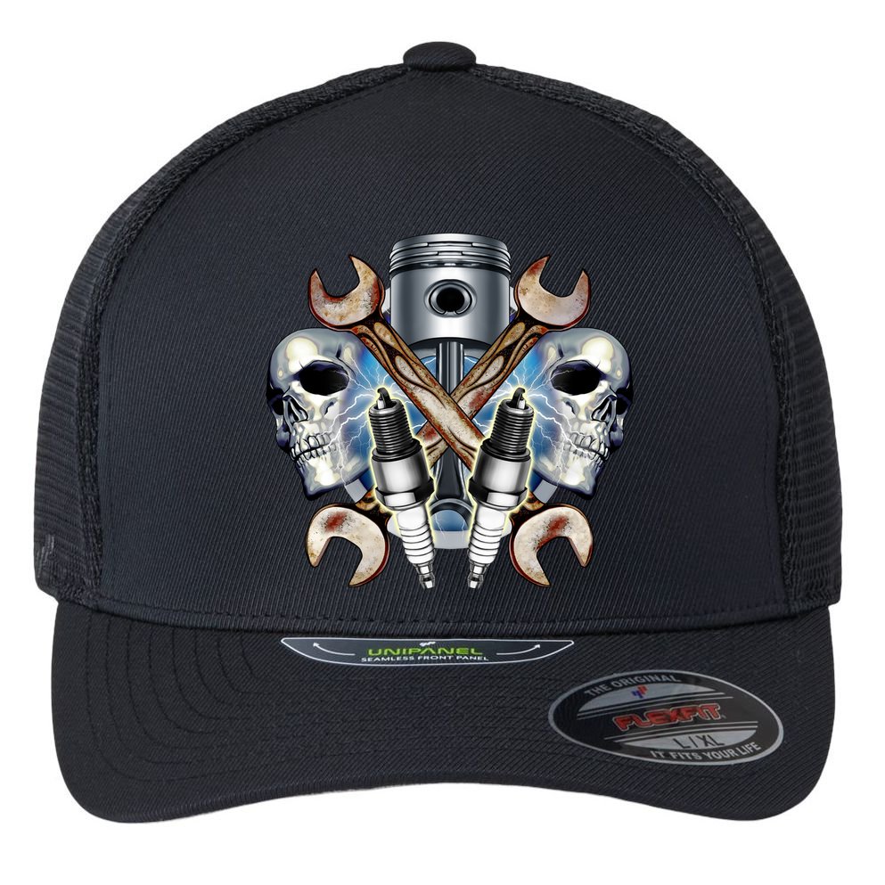 Mechanic Skulls With Wrench & Spark Plugs Flexfit Unipanel Trucker Cap