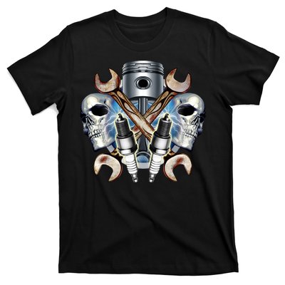 Mechanic Skulls With Wrench & Spark Plugs T-Shirt