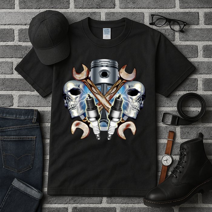 Mechanic Skulls With Wrench & Spark Plugs Tall T-Shirt