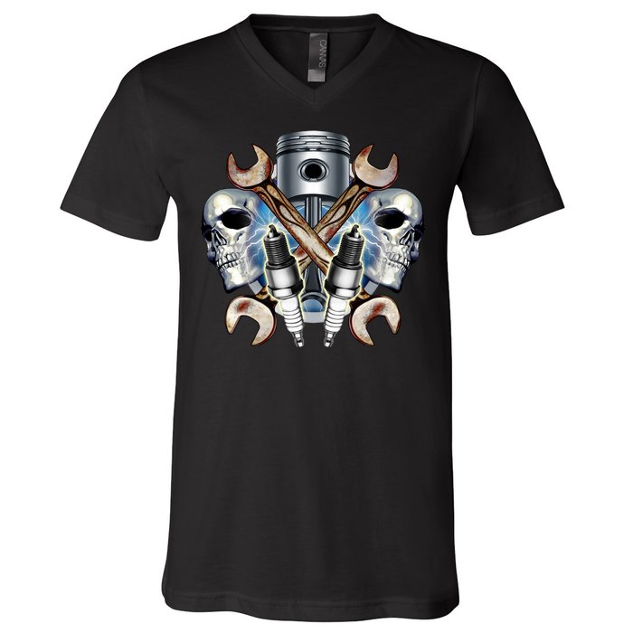 Mechanic Skulls With Wrench & Spark Plugs V-Neck T-Shirt