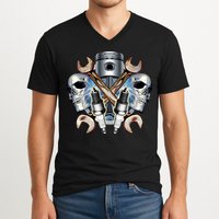 Mechanic Skulls With Wrench & Spark Plugs V-Neck T-Shirt