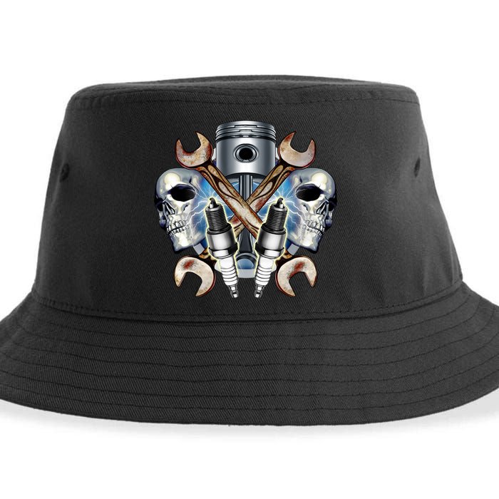 Mechanic Skulls With Wrench & Spark Plugs Sustainable Bucket Hat